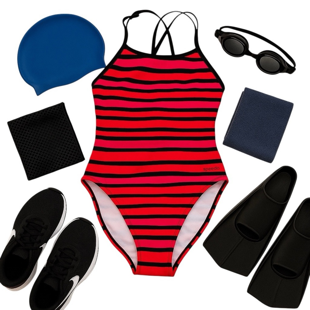 Speedo Pink + Black Stripe Racerback One-Piece Swimsuit Size 8 Active Resort EUC